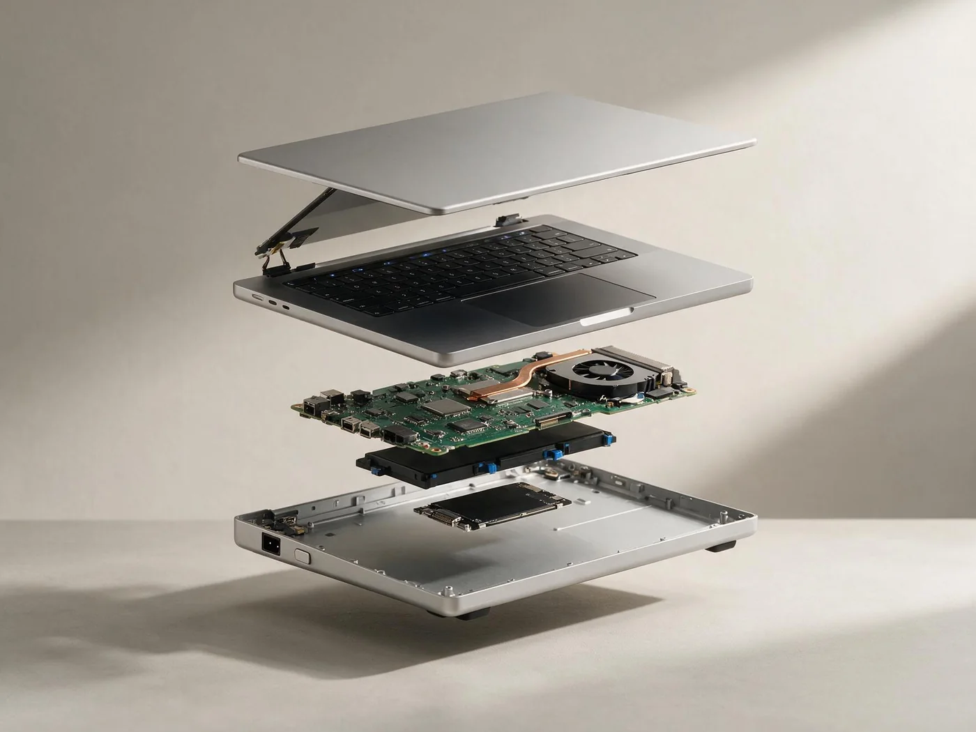 Ein Laptop in seine Bauteile zerlegt: Deckel, Tastatur, Mainboard, Lüfter, Akku und Bodenschale
